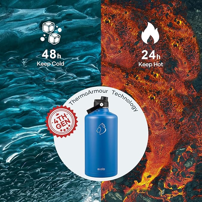BUZIO 1 Gallon Water Bottle Insulated, 128 oz Large Water Jug Vacuum Stainless Steel Big Metal Flask (Cold for 48 Hrs), Leak Proof & BPA-Free, with Straw and Spout Lids, Blue