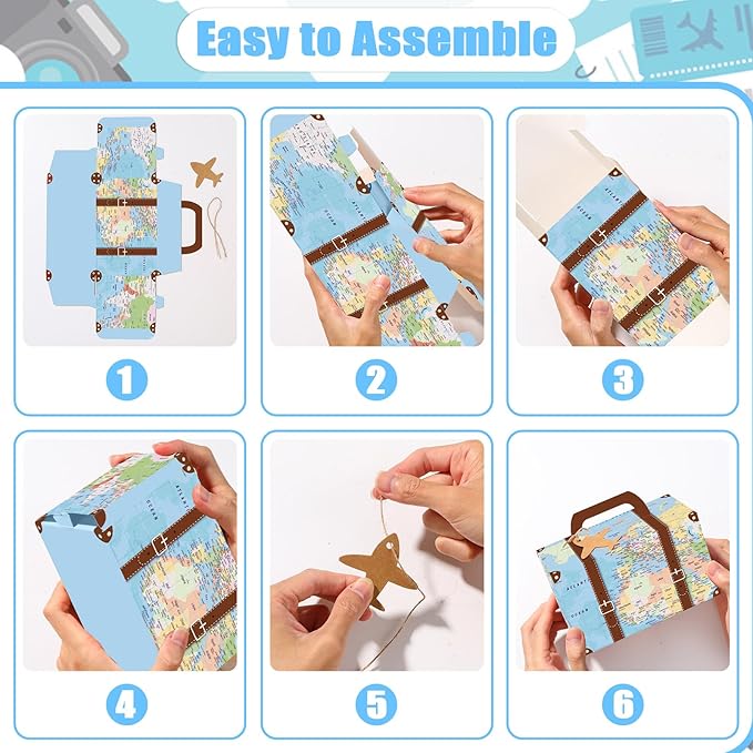 24Pcs Large Suitcase Party Favor Boxes Travel The Map Paper Treat Box with Tags Birthday Supplies Travel Theme Candy Goodie Gift Boxes for Birthday Baby Shower Wedding Adventure Party Table Decoration