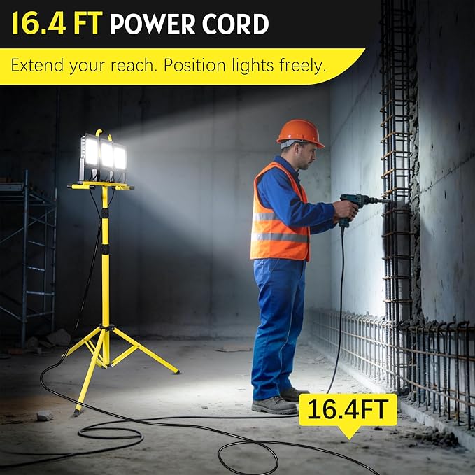 21000 LM LED Work Light with Stand, 3-Head Adjustable Portable Tripod Light with Individual Switches, IP66 Waterproof, 16.4FT Cord for Garage Workshop Job Site Construction Indoor Outdoor Lighting