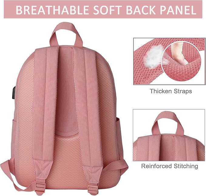 SUPACOOL Casual Laptop Backpack for Men and Women, Backpack for College, USB Charging Port, Lightweight Pack Back(Pink)