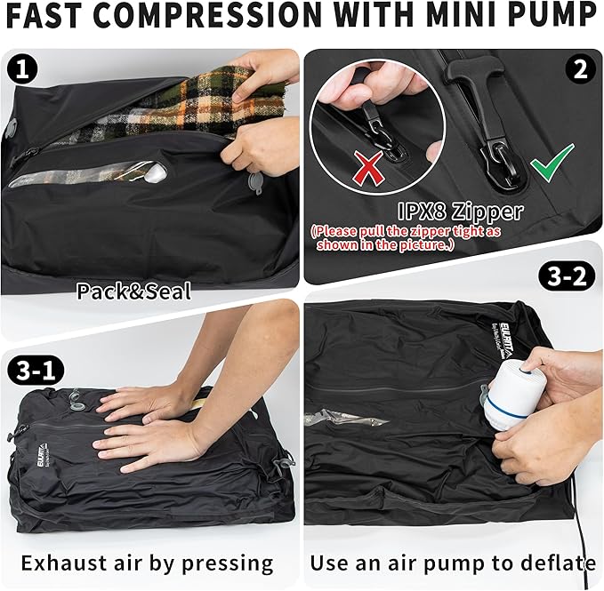 Reusable Vacuum Bags for Travel,Professional Waterproof IPX8 Zipper Vacuum Compression Bag for Suitcases Backpack,Space Saver Bags Packing Organizers for Clothing Packing(2 Pack,Dark Black)
