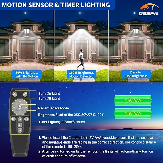 Deepn Solar Lights Outdoor, IP66 Waterproof Street Lights Outdoor, 6500K Dusk to Dawn Solar Security Flood Lights Motion Sensor with Remote Control for Yard, Entryway Garage, Porch 3 Pack