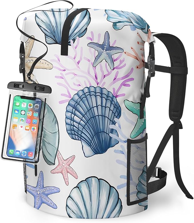 Waterproof Backpack Heavy Duty Marine Dry Bags for Kayaking Hiking Fishing Travel Backpack Roll-Top Closure Bag with Waterproof Phone Case - Sea Shell Coral Nautical Starfish 35L/55L/85L