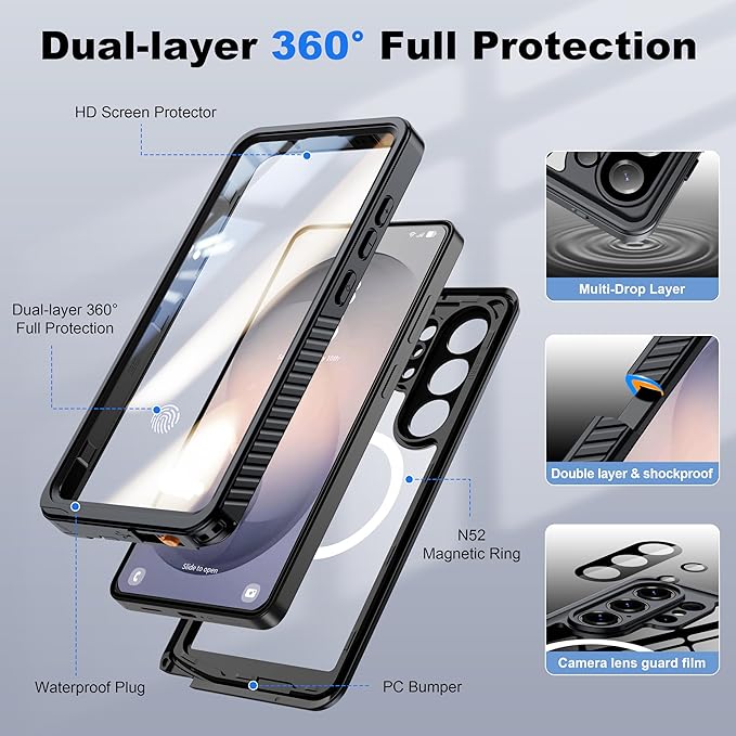 ANTSHARE IP68 Waterproof Case for Samsung Galaxy S26 Ultra [2026] - MagSafe Compatible, Built-in Screen/Lens Protector - Shockproof Full Body Protection for Swimming/Outdoor, Black/Clear