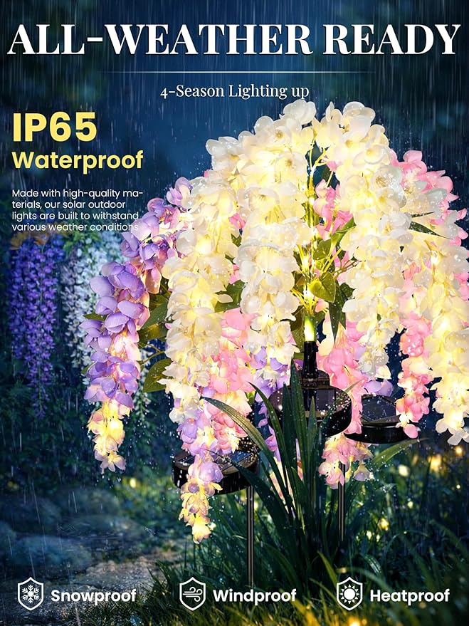 GIGALUMI Solar Lights Outdoor for Garden Decor, 3 Pack Solar Flower Lights Waterproof, 2 Lighting Modes Wisteria for Pathway,Yard, Patio Decoration, Gardening Gifts for Women (Multi-Colored)