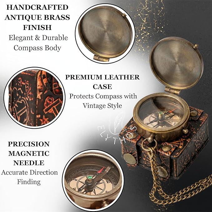 Handmade Brass Antique Compass with Leather Case – Vintage Finish Functional Pocket Navigation Tool for Travel, Hiking & Gift