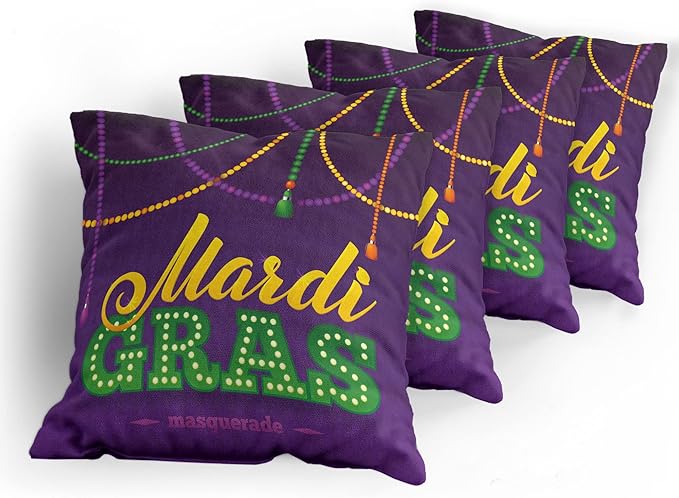 Ambesonne Mardi Gras Throw Pillow Cushion Case Pack of 4, Beads and Tassels Masquerade Theme Calligraphy Design Fun Print, Modern Accent Double-Sided Digital Printing, 16", Purple Marigold