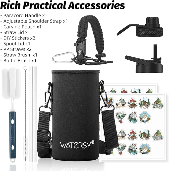 32oz Insulated Water Bottle (Cold for 48 Hrs),BPA Free&Leak Proof,Stainless Steel Water Flask,Water Jug with Straw Spout Lids for Gym,Hiking,Travel,Grey Black