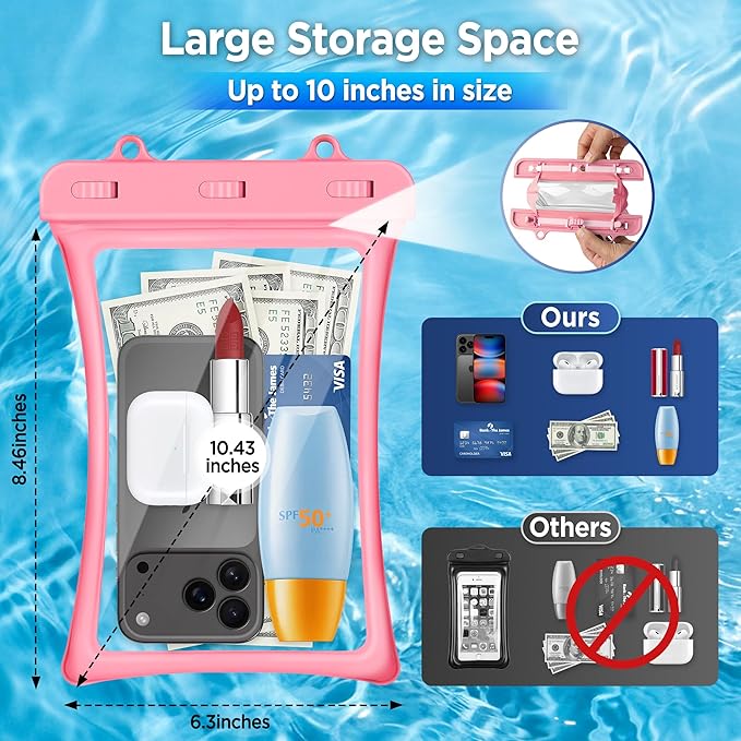 CACOE [Floatable Floating Universal IPX8 Waterproof Phone case 2 Pack-Up to 10.0",Adjustable Lanyard Phone Pouch,Cellphone Dry Bags for Vacation Beach Pool Kayak Cruise Travel Essentials（Pink+Green）