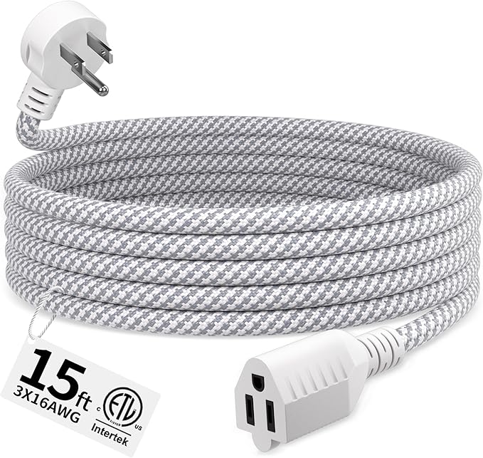16 Gauge Braided Extension Cord 15 FT, 16/3 Flat Plug Power Cord Indoor, 3 Prong White Extension Cable Flexible for Home Dorm Room Essentials, 13A 125V 1625W, ETL Listed