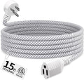 16 Gauge Braided Extension Cord 15 FT, 16/3 Flat Plug Power Cord Indoor, 3 Prong White Extension Cable Flexible for Home Dorm Room Essentials, 13A 125V 1625W, ETL Listed
