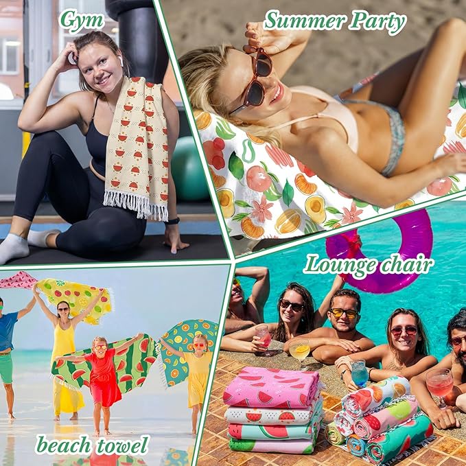 Peryiter 24 Pack Microfiber Oversize Turkish Beach Towel Set 12 Large Absorbent Beach Towels with 12 Storage Bag 28 x 55 Quick Dry Lightweight Bath Towel Blanket for Hawaii Camp Swim Pool(Fruit)