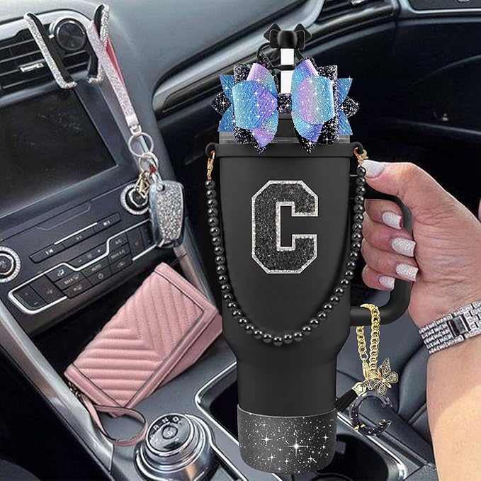 9PCS Black for Stanley Cup Accessories Set Bling Initials Bow Charms for Stanley Decorations 30/40 Oz Tumbler Accessories Including Bow Straw Topper, Handle Strap, Spill Stopper（Letter C）