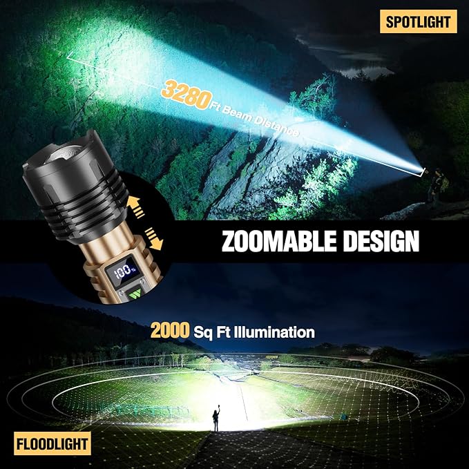 WdtPro Rechargeable LED Flashlights High Lumens, Super Bright 90000LM Rechargeable Flashlight with LCD Display, 5 Modes & Waterproof Powerful 10000mAh Handheld Flashlight for Camping Emergency Gold
