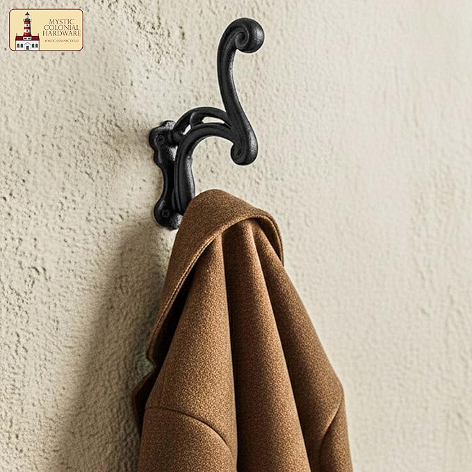 Mystic Colonial Rustic Cast Iron Wall Hooks, Heavy Duty Coat Hooks for Coat, Bag, Towel, Hat & Robe, Mounting Hardware Included, Black, Pack of 10
