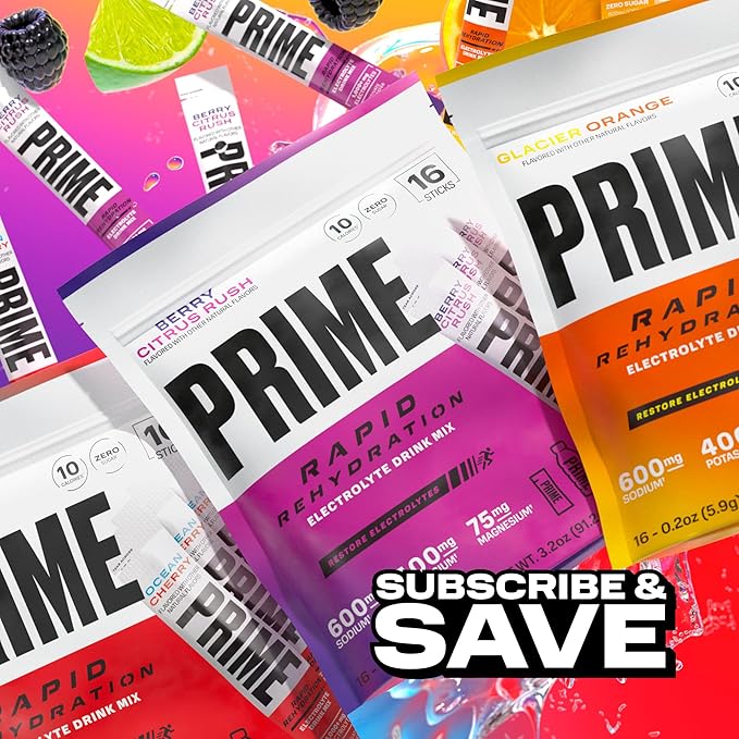 PRIME Rapid Rehydration Electrolyte Powder Sticks, Berry Citrus Rush, Sugar Free Hydration Drink Mix with Sodium, Potassium, Magnesium & B Vitamins to Replenish Fluids, Caffeine Free, 16 Count