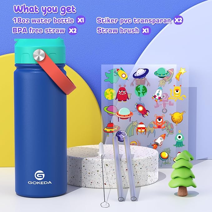 GoKEDA 18oz Kids Water Bottle, Insulated Bottles with Stickers, 18/8 Stainless Steel Vacuum Leak Proof Straw Cup for School, Gifts for Boys Girls(DarkGreenBlue)