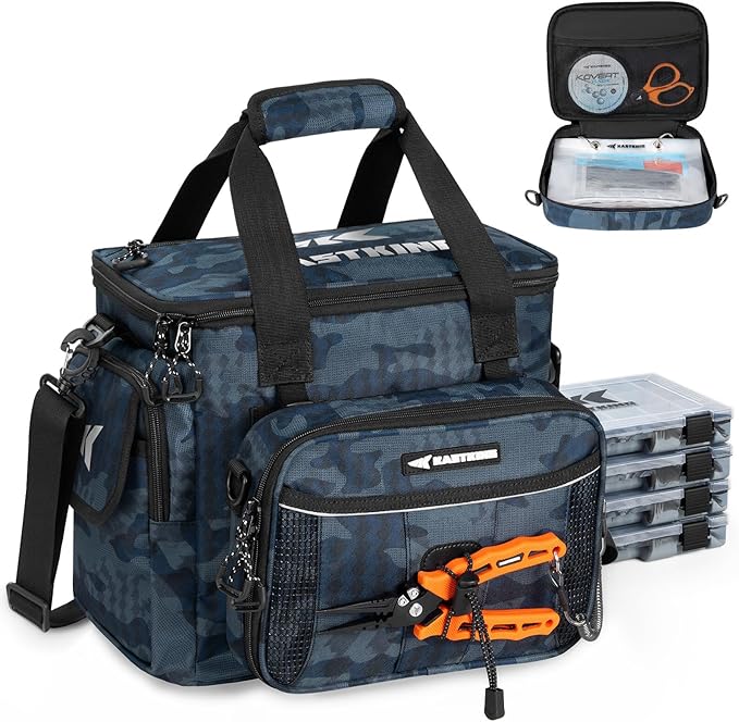 KastKing BaitSpace Fishing Tackle Bag With 4 Tackle Boxes & Removable Bait Binder, Water-Resistant Tackle Storage, Durable Fishing Gear, Adjustable Shoulder Strap