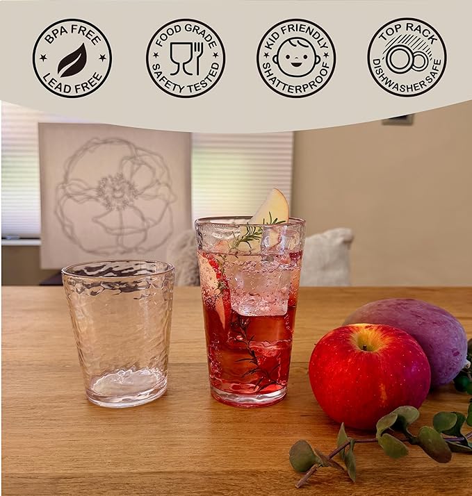 KLIFA- NICE- 14.7 & 20 ounce, Set of 8, Acrylic Tumbler & Highball Drinking Glasses Set, BPA-Free, Stackable Plastic Drinkware, Dishwasher Safe Cups, Clear