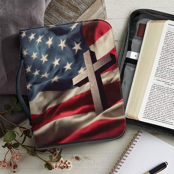 Medium Bible Cover Case for Women Men American Flag and Cross PU Leather Bible Case with Bookmark Church Bag Book Carrying Case Bible Cover for Women Men Bible Case for Men Women