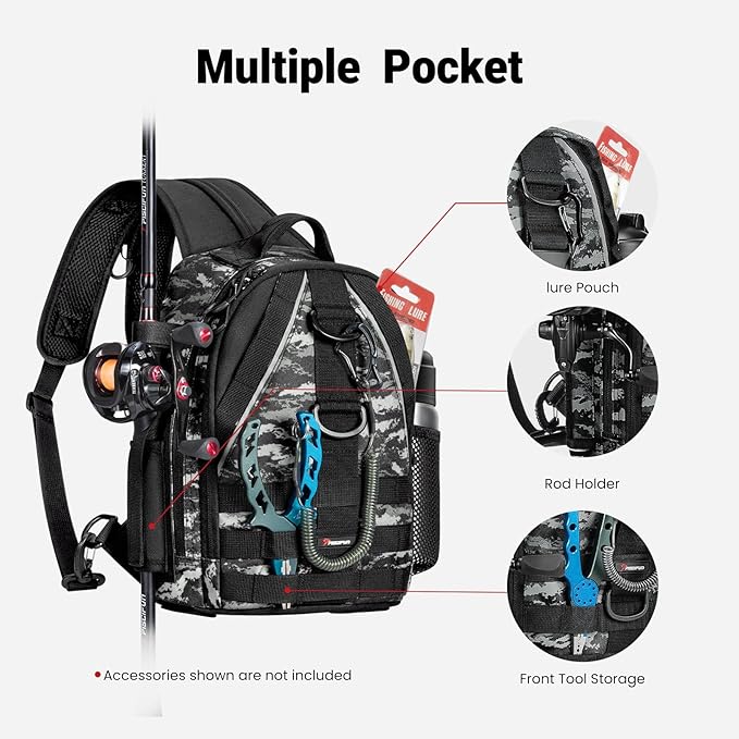 Piscifun Fishing Backpack with Rod Holder, Lightweight Sling Bag Storge Gear and Equipment