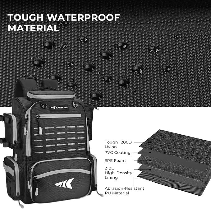 KastKing Bait Boss Fishing Tackle Backpack with Rod Holders-4 Tackle Boxes-Rain Cover,45/43L Large Storage for Fishing Gear