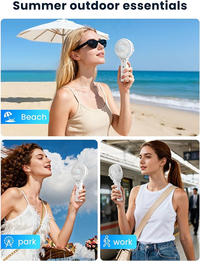 HandFan 5200mAh Portable Handheld Fan - 3 Speeds, 180° Foldable, Rechargeable Personal Cooling Fan, 20H Long Runtime for Travel, Disney, Games, Park, Concerts, Summer & Outdoor Use (White)
