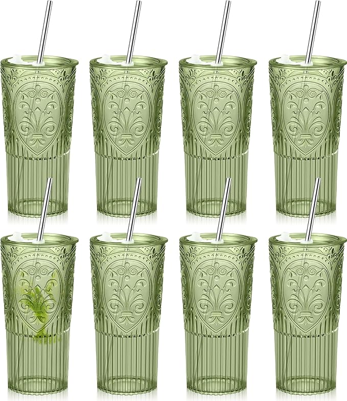 8 Set 20oz Vintage Plastic Tumbler with Lids and Straws Ribbed Floral Drinking Glasses Reusable Iced Coffee Cups for Water Juice Smoothie Cocktail Travel Party Events Gift (Green)