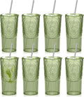 8 Set 20oz Vintage Plastic Tumbler with Lids and Straws Ribbed Floral Drinking Glasses Reusable Iced Coffee Cups for Water Juice Smoothie Cocktail Travel Party Events Gift (Green)