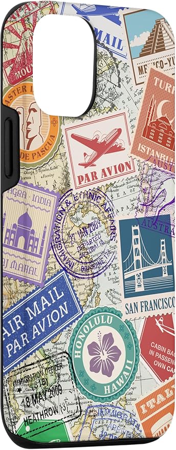 World Map Travel Passport Stamps Postage Stamp Case for iPhone 12/12 Pro