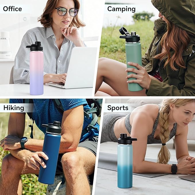 Fijinhom 24 oz Insulated Water Bottle with Handle, 304 Stainless Steel Water Bottles with Wide Mouth, Double Wall Vacuum Sports Water Bottle, BPA Free, Keep Cold and Hot, Pink/Purple