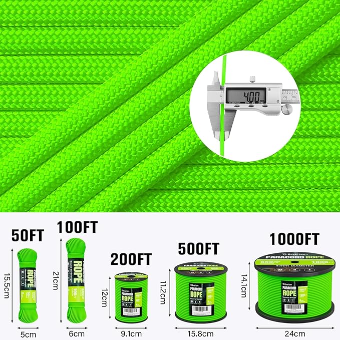 Paracord Rope 550 lb - 1000ft 5/32" Parachute Cord 4MM 7-Strand para Cord - Heavy Duty Spool String for Survival,Camping Gear, Survival Bracelet, Clothesline - Neon Green