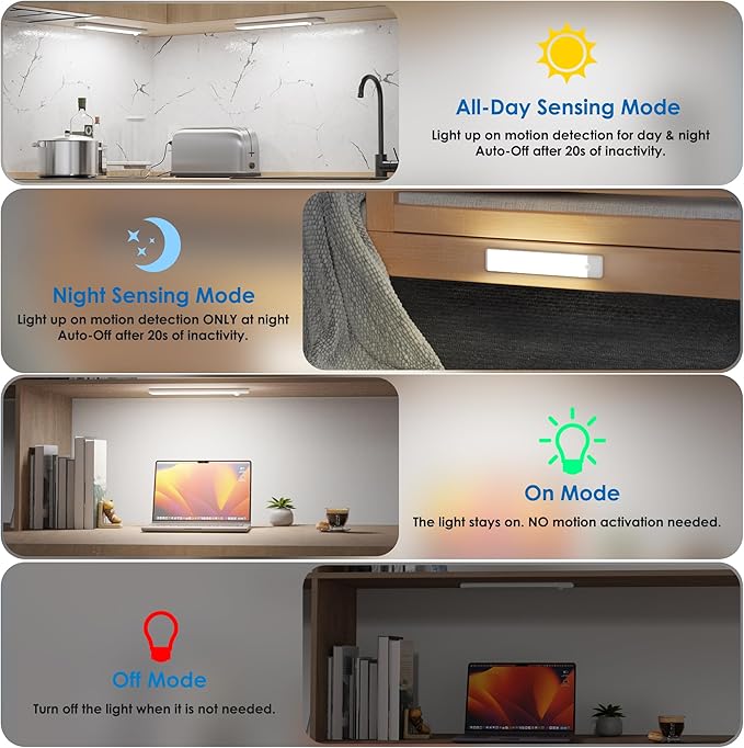 Motion Sensor Under Cabinet Lights, Magnetic Rechargeable Under Counter Closet Light, Wireless Night Light Bar Stick-On, 2-Pack, Cool White