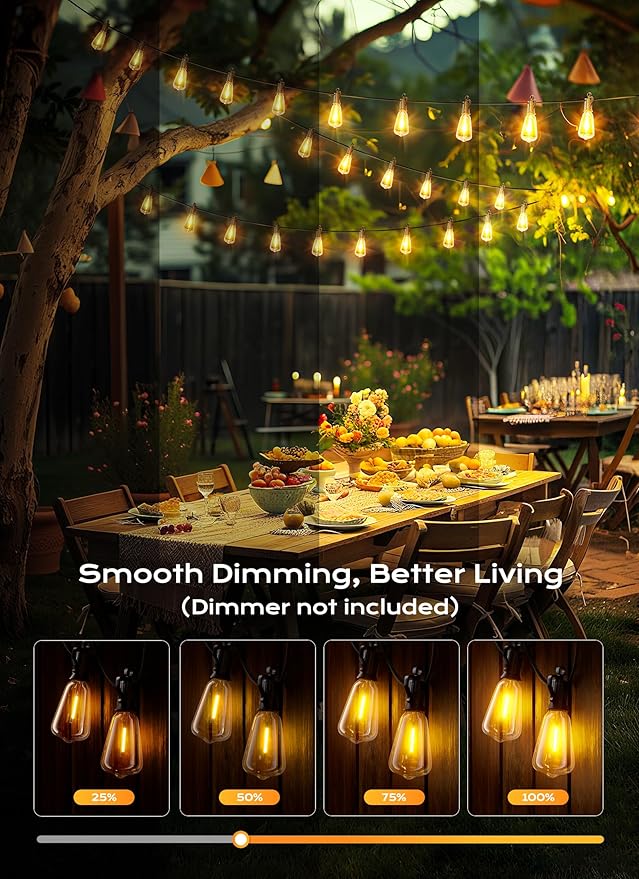 Brightown Outdoor String Lights, 100FT 50+2 LED ST38 LED Patio Lights Shatterproof, Dimmable IP65 Waterproof Connectable Hanging Outdoor Light for Backyard, Porch, Deck, Balcony