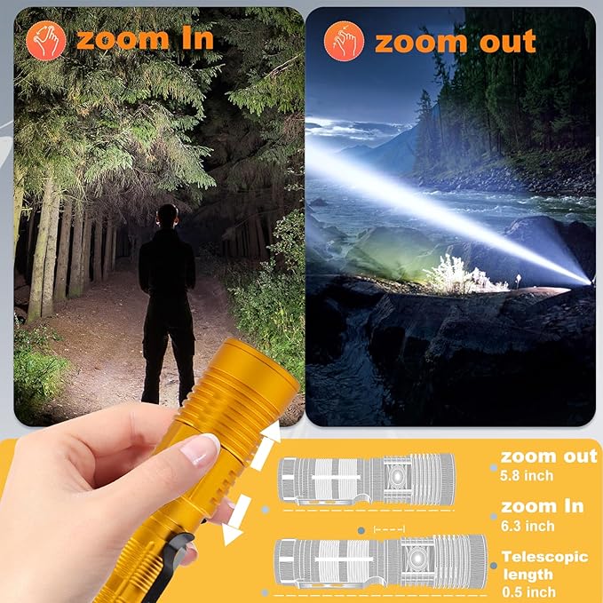 Hoxida Small Tactical Flashlights High Lumens - 1500 Meters Long Beam Super Bright LED Magnetic Flashlight USB Rechargeable Zoomable 5Modes Long Beam Spotlight Flashlight for Hiking, Camping-Gold