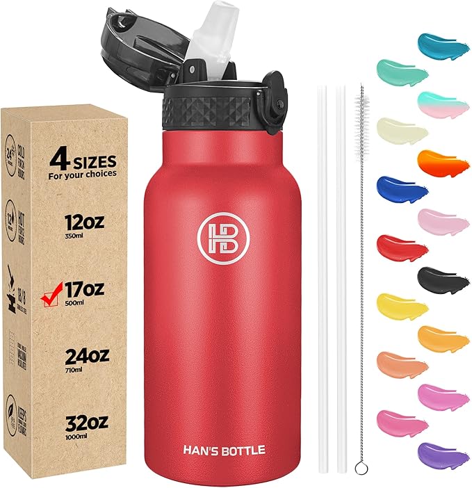Han's Bottle Kids Water Bottle with Straw Lid - Insulated Stainless Steel Reusable Tumbler for Girls,Boys,Thermo Mug,17oz,Red