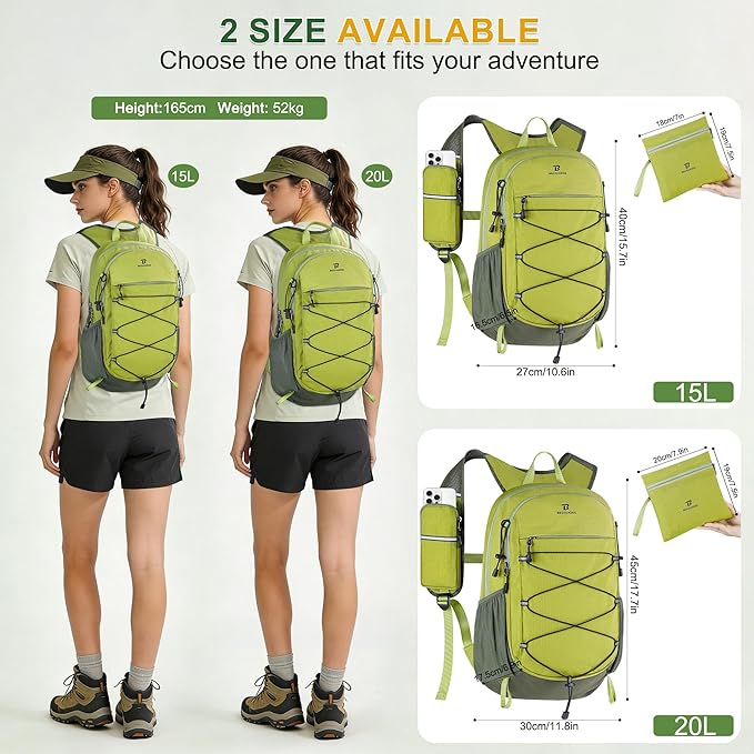 BECOJADDE Hiking Backpack 20L Small Backpack Packable Day pack Water Resistant Lightweight Travel Backpack for Women Men with Shoulder Strap Pockets for Hiking Camping Outdoor, Green