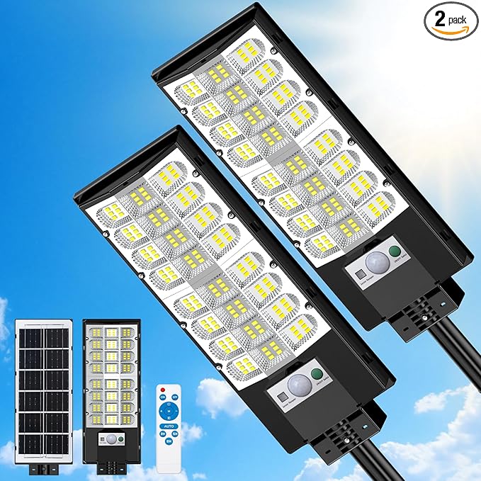 2-Pack Solar Street Lights Outdoor, 20000LM Waterproof LED Solar Flood Lights with Motion Sensor, 6500K Dusk to Dawn Solar-Powered Light Remote Control for Outside, Security Lights for Yard Driveway