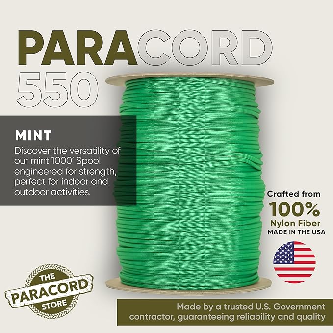 The Paracord Store | Type III 550 Paracord - 250 FT Spool, Mint | Heavy Duty 7 Strand Tactical Paracord - USA Made Nylon Outdoor Parachute Cord for Camping, Fishing & More - Survival Cord