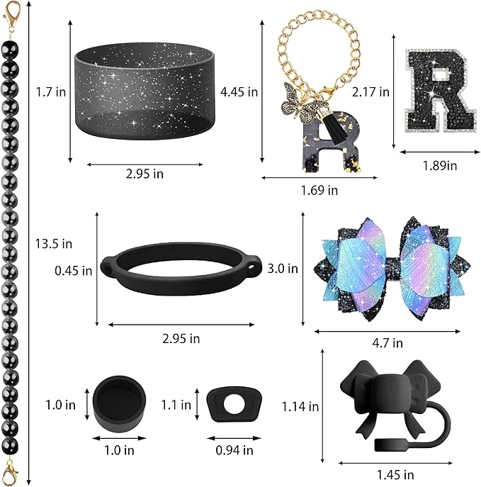 9PCS Black for Stanley Cup Accessories Set Bling Initials Bow Charms for Stanley Decorations 30/40 Oz Tumbler Accessories Including Bow Straw Topper, Handle Strap, Spill Stopper（Letter R）