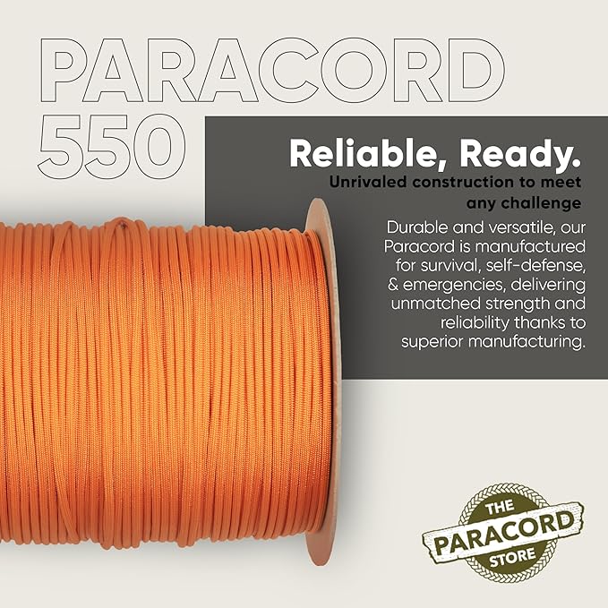 The Paracord Store | Type III 550 Paracord - 250 FT Spool, International Orange | Heavy Duty 7 Strand Tactical Paracord - USA Made Nylon Outdoor Parachute Cord for Camping, Fishing - Survival Cord