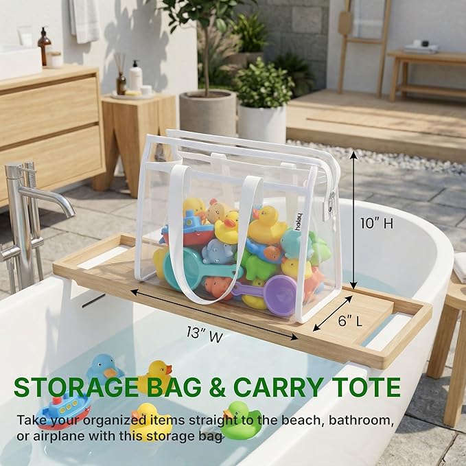 HOLAY 4 Pack Clear Toy Storage Bags with Handle – Playroom Organizer Bins for Kids Toys, Board Games, Busy Bags, and Homeschool Supplies, Transparent PVC Front & Reinforced Base(White, X-Large)