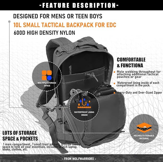 Miramrax 12L Small Backpack Day Pack - Mini Tactical Backpacks Military Daypack Molle Bag Rucksack Bug Out Bag for Hiking (Grey)