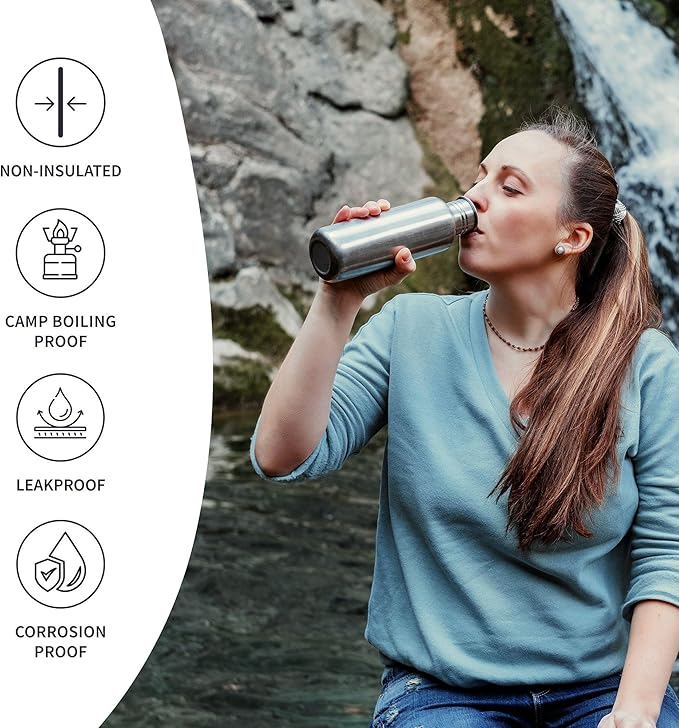Bambaw Stainless Steel Water Bottles 32 oz, Non-insulated Single Wall Metal Water Bottle Stainless Steel, Reusable & Eco Friendly, Dishwasher Safe – Silver | Non-insulated, Single Wall, Metal Water Bottle, Reusable, Eco Friendly, Dishwasher Safe