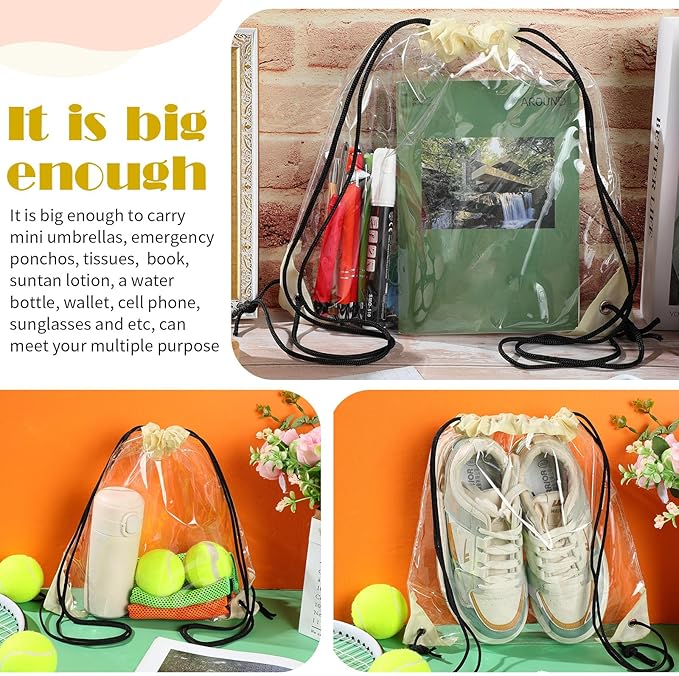 Shappy 30 Pcs Clear Drawstring Backpack, Plastic Waterproof Transparent Stadium Bags String Bag for Gym Travel (Beige)