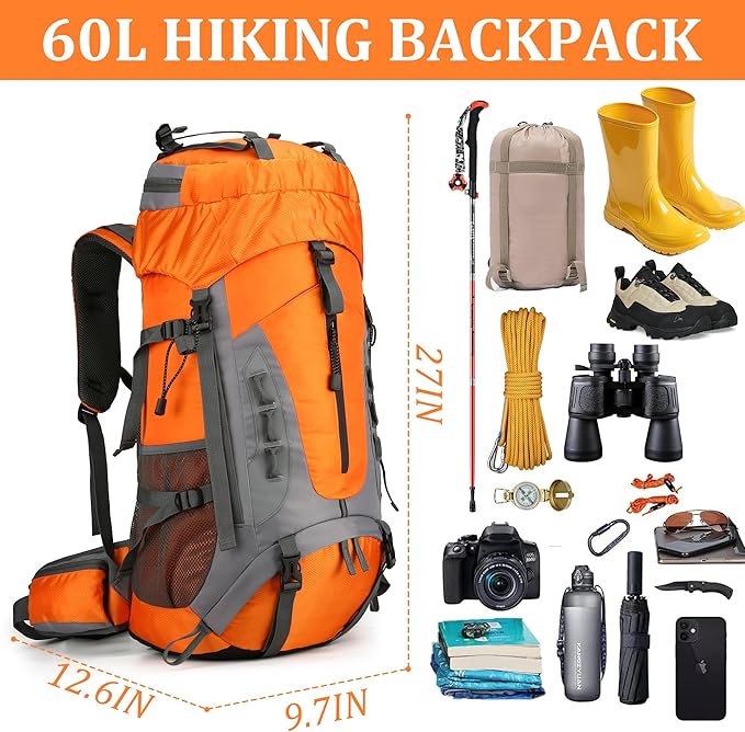 75L Hiking Backpack with Rain Cover Waterproof Camping Backpack Shoes Warehouse for Men Women, Frameless