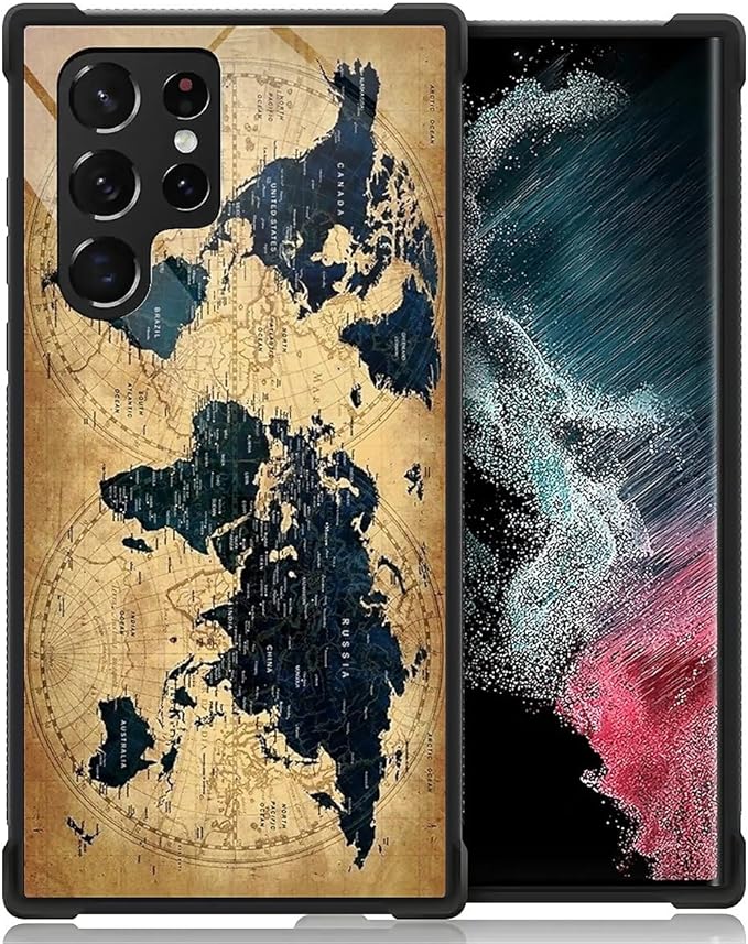 for Samsung Galaxy S23 Ultra Case, Brown World Map Pattern Graphic Design Girl Boy Soft Silicone Hard Acrylic Shock Protection for Samsung Galaxy S23 Ultra