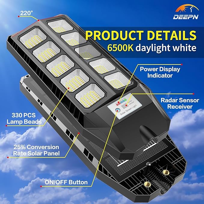 Deepn Solar Lights Outdoor, IP66 Waterproof Street Lights Outdoor, 6500K Dusk to Dawn Solar Security Flood Lights Motion Sensor with Remote Control for Yard, Entryway Garage, Porch 3 Pack