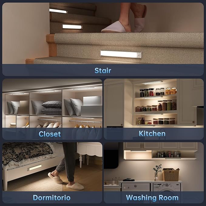 Under Cabinet Lighting,74 LED 2200mAh Rechargeable,Motion Sensor Light,3 Colors Dimmable,Magnetic Closet Lights,Indoor Night Lights for Kitchen Bedroom Stairs 5 Pack