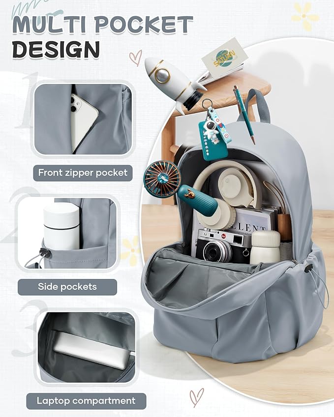 Small Backpack for School Girls Kids Women, Waterproof Bookbag Cute High School Backpack for Men Teen Boys, Lightweight College Back Pack Mochilas Escolares para Casual Daypack Rucksack Grey Blue